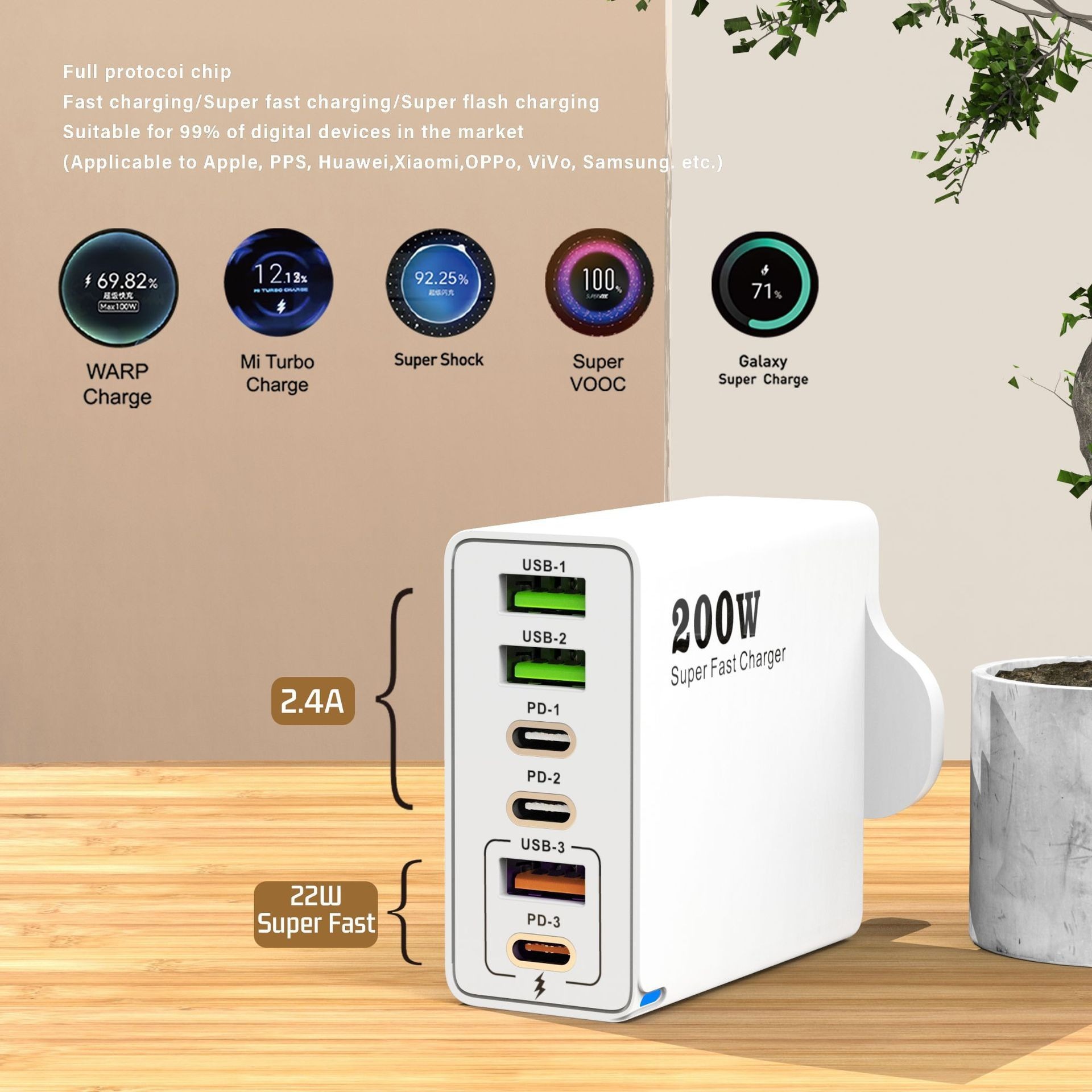 200W mobile phone charger, charging head, usb multi-port small household appliance PD, 25W charger, multi-port super fast charging head details Picture