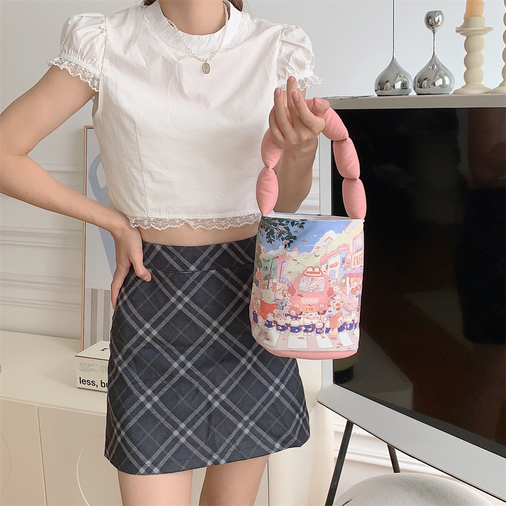 38102 Small bag for going out to work, light hand-held canvas bag, cartoon cute cotton-filled hand-held bag for female students details Picture