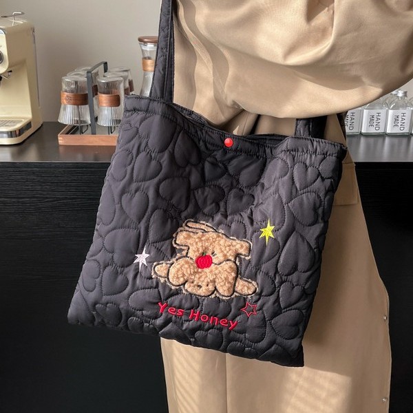 Homemade cute apple puppy cotton bag, large-capacity double-layer single-shoulder bag, new quilted cotton heart-shaped tote bag for autumn and winter details Picture