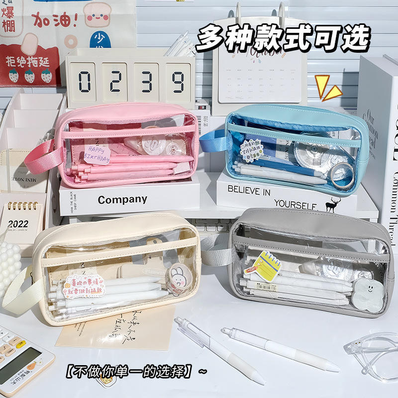 Transparent pen case, InS-style milk salt portable hand-held storage bag, waterproof, large capacity, high appearance level stationery storage box Application Scenario