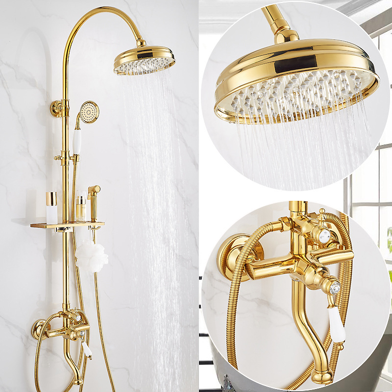French retro gold all-fine copper shower head set, bathroom, shower gun, shower head integrated home bathroom full figure