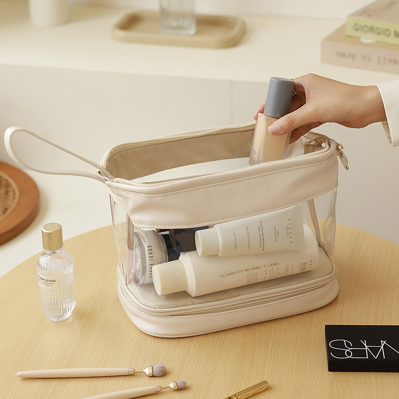 Double-layer cloud thickened steel wire makeup bag, fashionable and portable cosmetics storage bag, large-capacity travel toiletries bag full figure