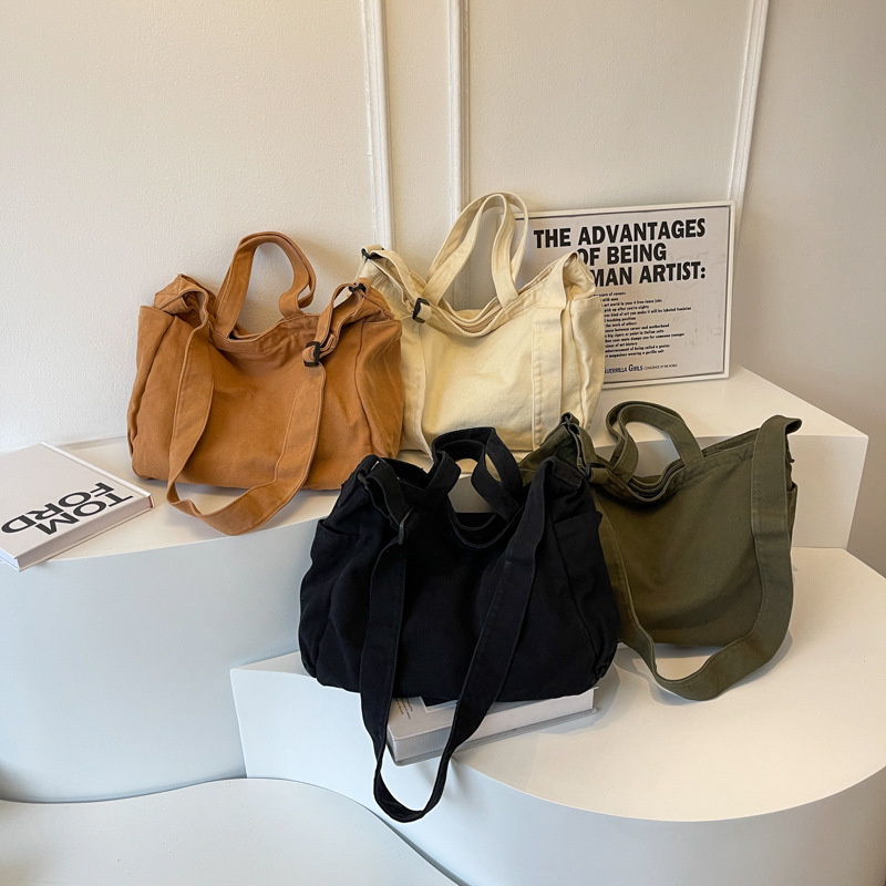Japanese crossbody bag with artistic style, canvas bag for women 2024 new model, large capacity, solid color, simple hand-held shoulder bag for women Specification drawing