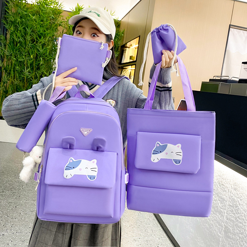 New large-capacity student schoolbag, cute cartoon cat, five-piece backpack set for primary school students, simple backpack for girls details Picture