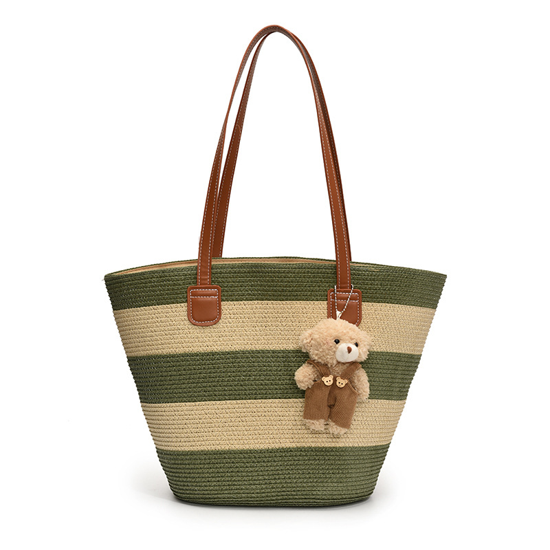 Cross-border single-shoulder bag, straw woven bag, large-capacity tote bag for travel and vacation, simple striped beach and seaside commuting bag Item Picture