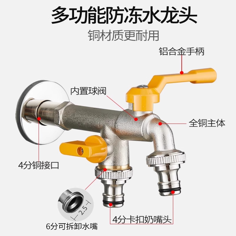 All-copper extended outdoor faucet anti-freezing, one in and two out, outdoor washing machine mop sink, double water outlet pacifier interface Application Scenario