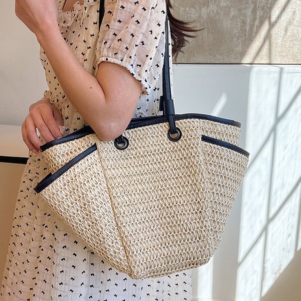New ins simple and fashionable large-capacity straw woven bag, single-shoulder paper rope woven bag, women's bag, casual phoenix eye beach bag details Picture