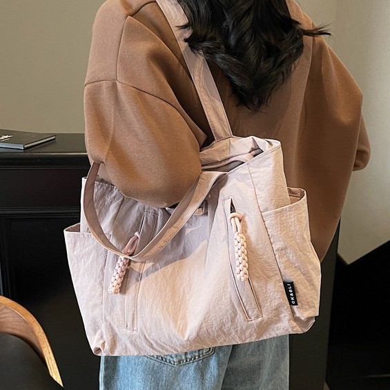 New cross-border solid-color canvas bag, women's large-capacity single-shoulder bag, 2025 new student versatile tote bag, handbag details Picture