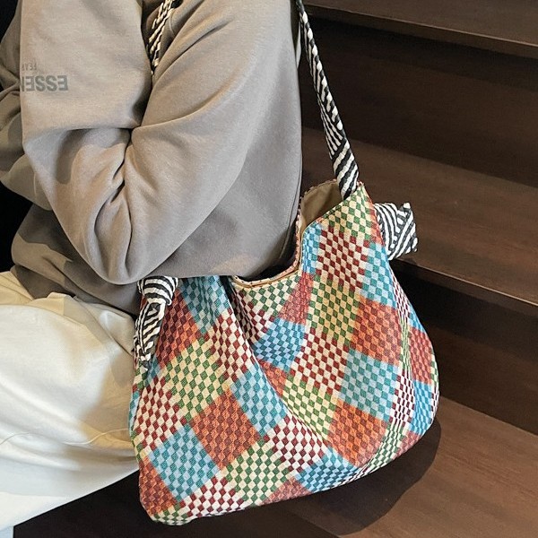 Fashionable ethnic style knitted shopping bag 2025 new style contrasting color relaxed check printed fabric pocket single-shoulder bag full figure
