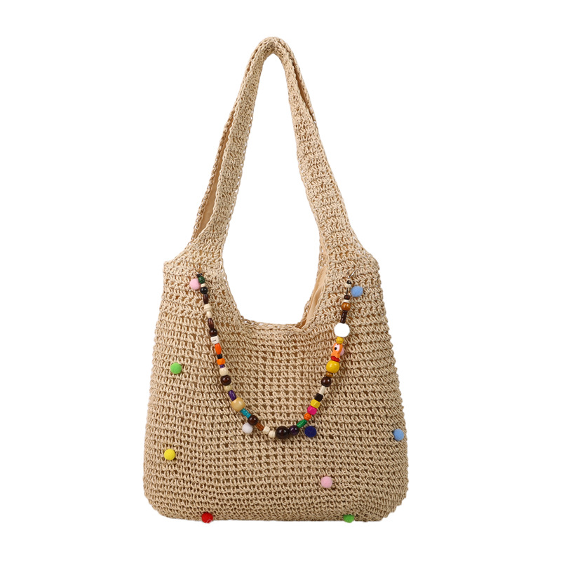 Laid-back seaside commuter single-shoulder tote bag, vacation woven bag, women's summer colorful dot cutout underarm bag, large capacity Item Picture