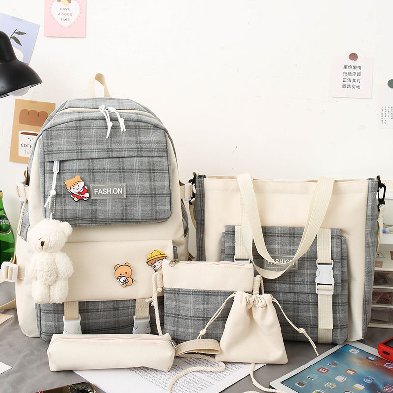 Japanese-style cute checkered canvas schoolbag for primary school students, Korean-style trendy backpack for girls, five-piece set, wholesale of backpacks Application Scenario