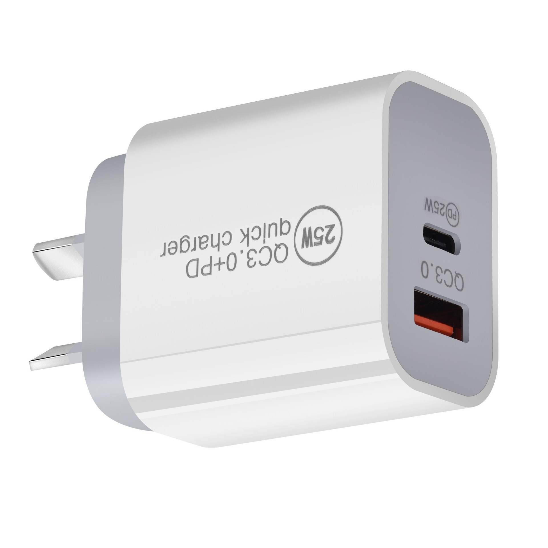 25W dual-port PD Australian standard charger, SAA Australian standard PD+QC3.0 adapter, 25W UK and European standard PD dual-port direct charging Specification drawing