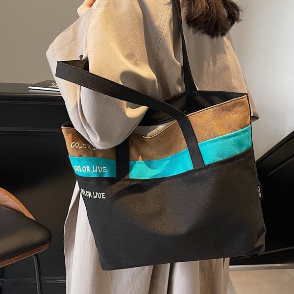 New large-capacity tote bags for autumn and winter, student canvas bags, hand and shoulder bags, color-blocking casual and trendy tote bags Specification drawing