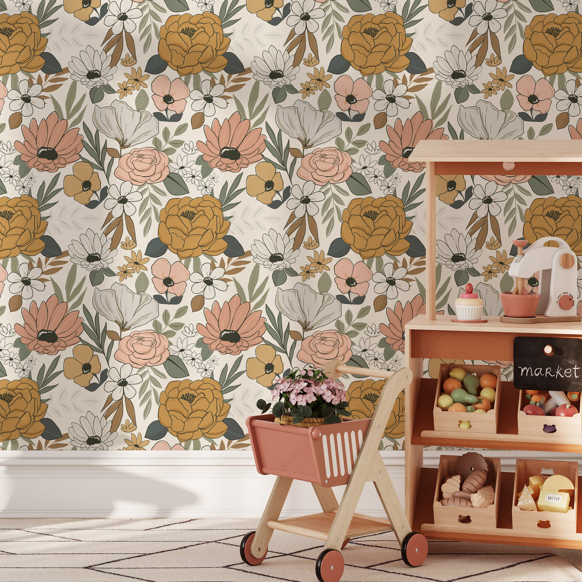 Cross-border best-selling living room background removable wallpaper with colorful flower patterns, seamless self-adhesive wallpaper RW321+330 details Picture