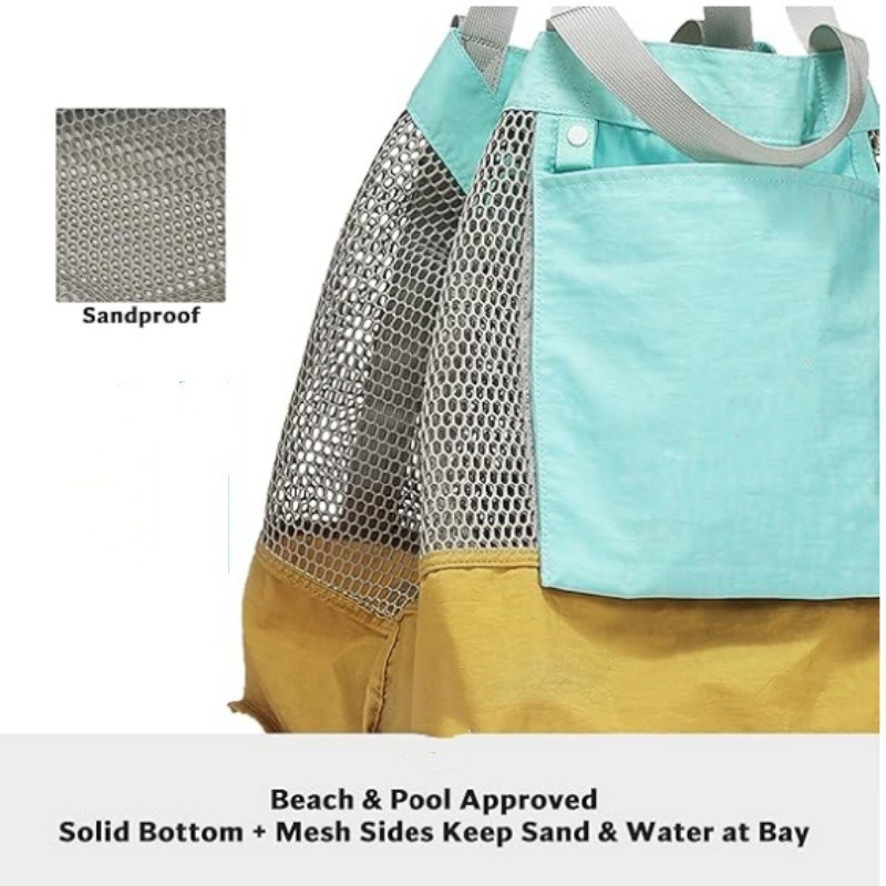 New cross-border large-capacity portable single-shoulder bag, outdoor travel storage bag, net eye bag, layered beach bag Specification drawing