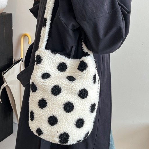 2024 New single-shoulder bag, polka dot striped imitation lambskin wool, hand-held single-shoulder crossbody bag, autumn and winter bag Specification drawing