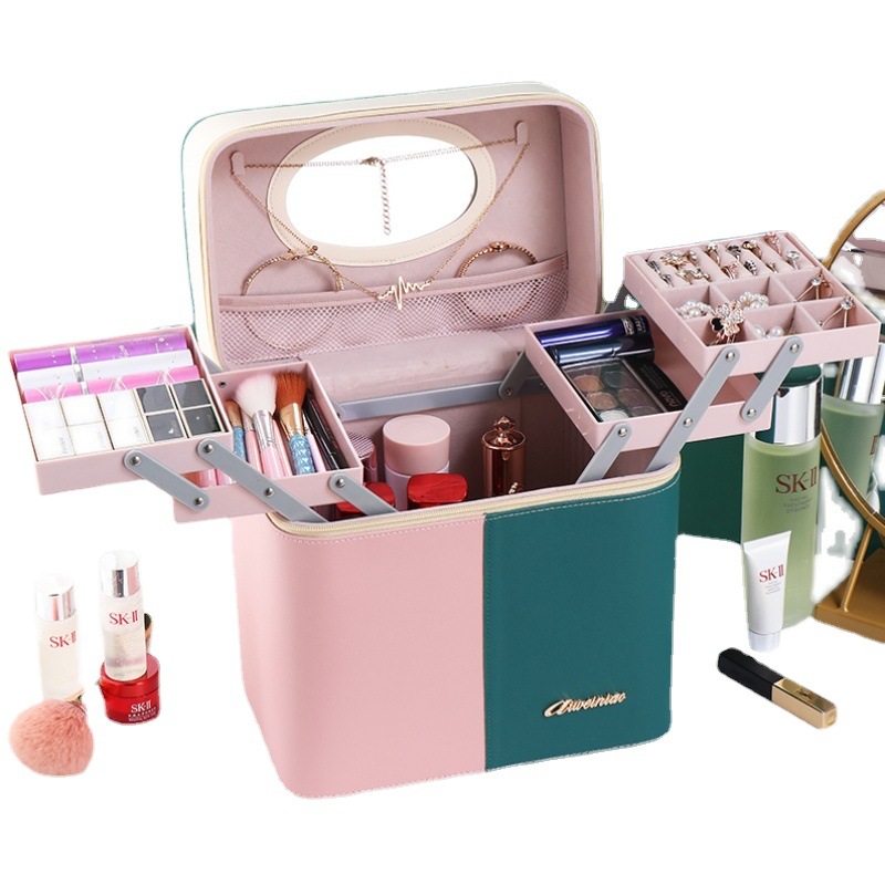 Wholesale of 2023 new color-blocking portable makeup bags for women, large-capacity dust-proof, multi-functional professional nail care storage boxes Item Picture