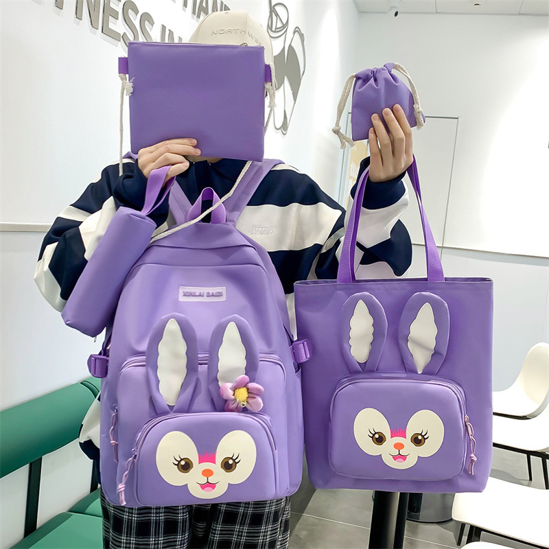 Cute and soft rabbit middle school schoolbag, college style, four-piece set of backpack for junior and senior high school students, and primary school schoolbag full figure