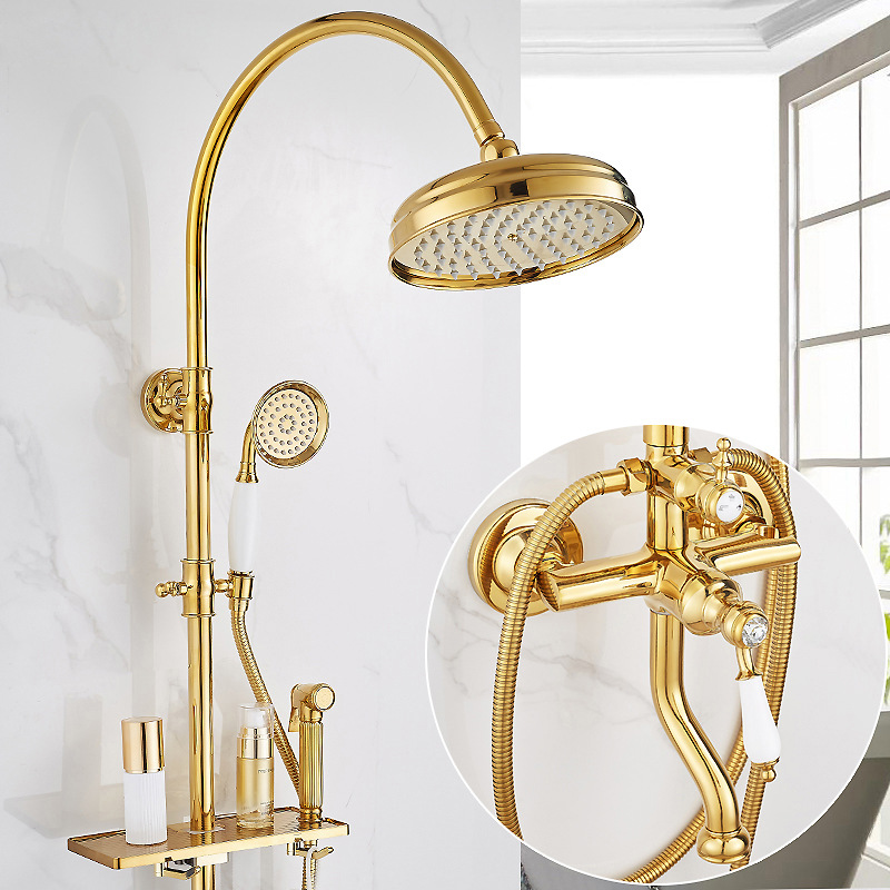 French retro gold all-fine copper shower head set, bathroom, shower gun, shower head integrated home bathroom details Picture
