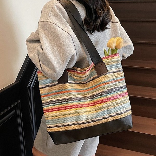 A niche design straw weaving color-blocking large-capacity tote bag for women in 2025, a trendy weaving vacation versatile single-shoulder bag Specification drawing