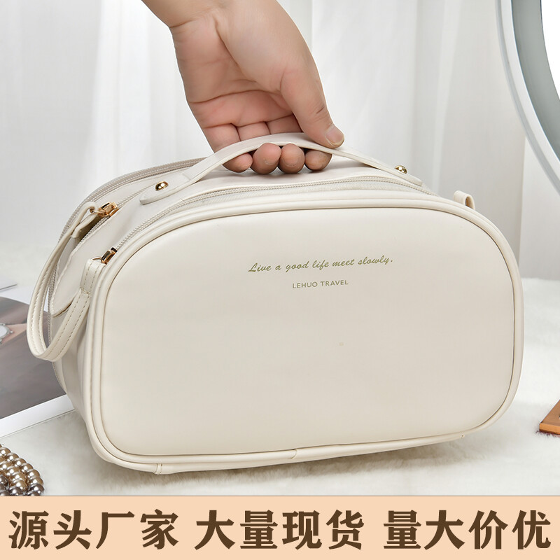 New PU hand-held cosmetic bag for travel storage, large capacity for cosmetics storage, double-zipper portable handbag full figure