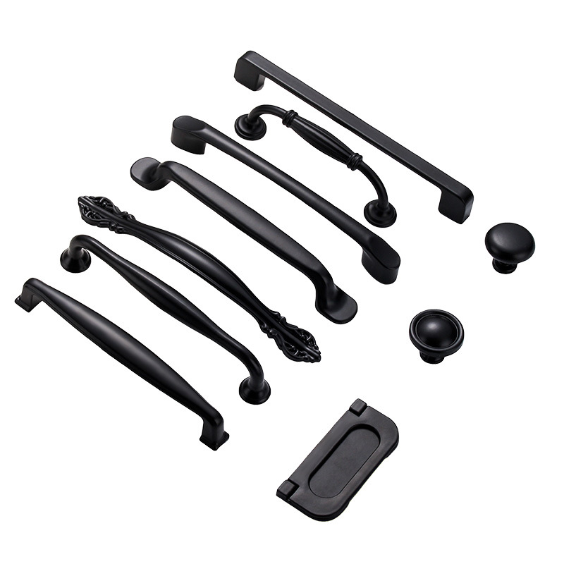Wholesale of black aluminum alloy thickened solid single-hole handles for cabinets, wardrobe door handles and furniture hardware from the manufacturer Item Picture