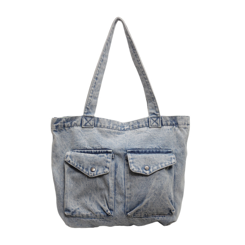 Washed denim canvas bag, women's commuter tote bag, simple and eye-catching casual shoulder bag, large-capacity student class bag Item Picture