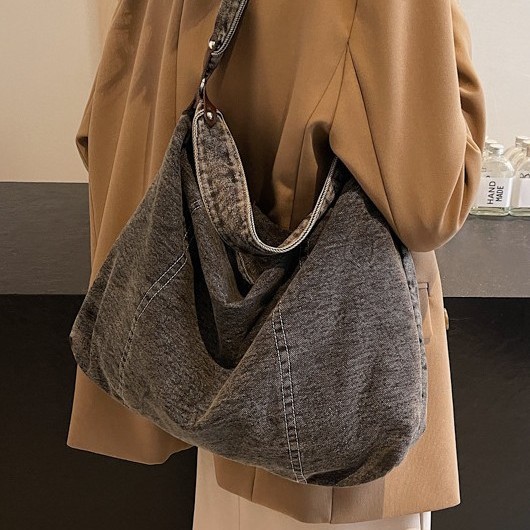 Large-capacity lazy style denim canvas bag for women, 2024 new style, relaxed underarm bag, commuter crossbody bag full figure