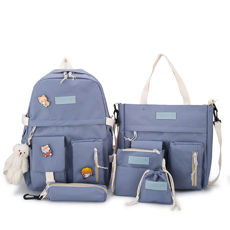 A new cross-border backpack for female college students, a five-piece set of Korean-style contrasting color canvas schoolbag for junior high school students Item Picture
