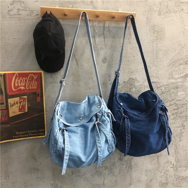 Denim canvas bag, ins Japanese Harajuku workwear style women's bag, Korean simple solid color student single-shoulder crossbody bag for women details Picture