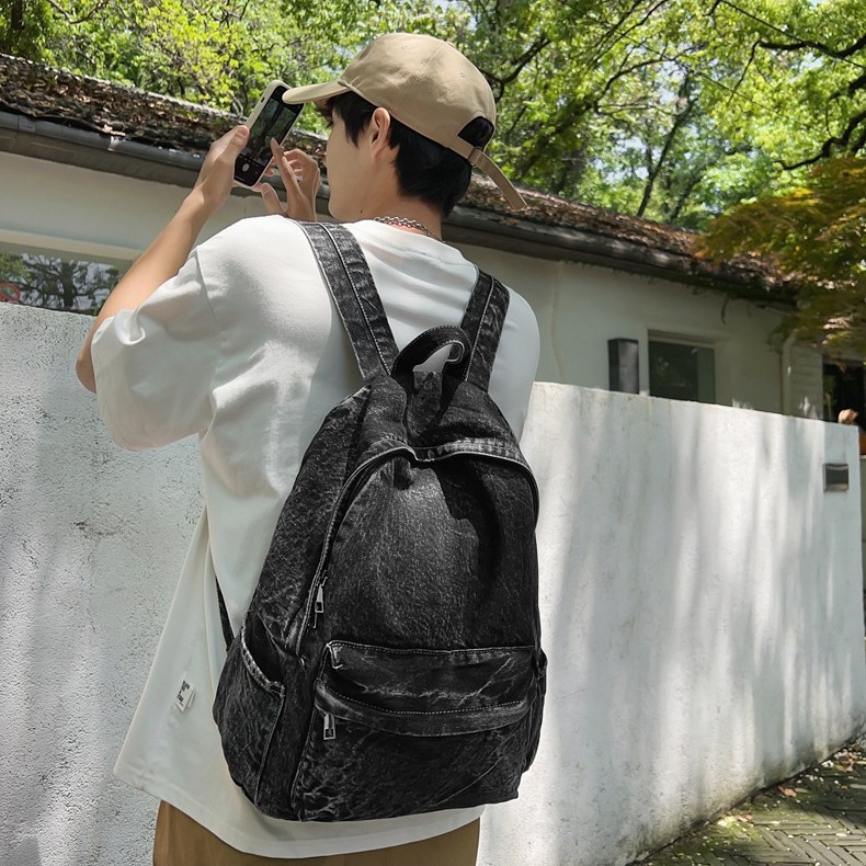Korean-style versatile denim solid color backpack, large-capacity middle school bag, unisplus-style bag full figure