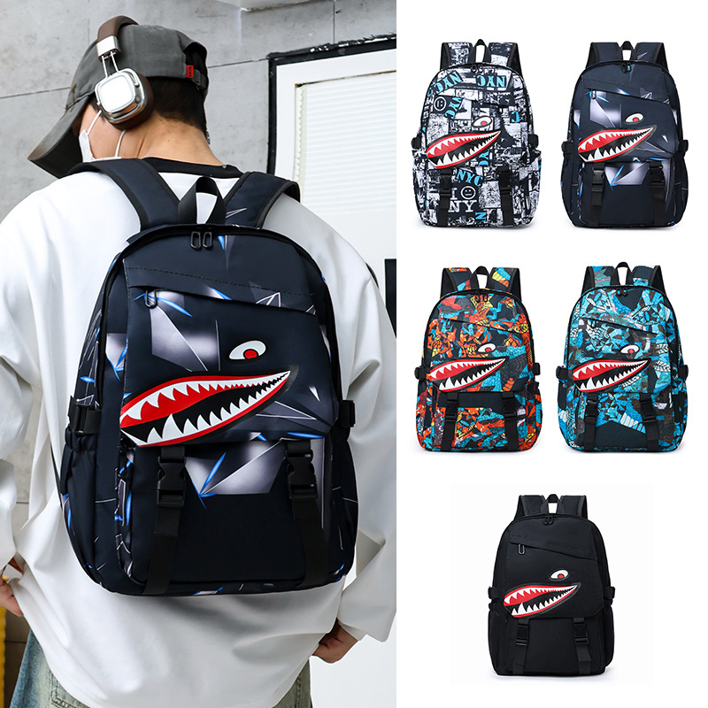 Shark Schoolbag Men's fashionable and trendy youth junior and senior high school campus backpack Large capacity personalized waterproof backpack wholesale full figure
