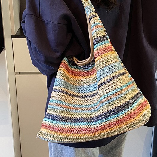 Summer large-capacity rainbow straw woven bag 2025 new style women's bag, fashionable commuting single-shoulder bag, lazy style tote bag Specification drawing