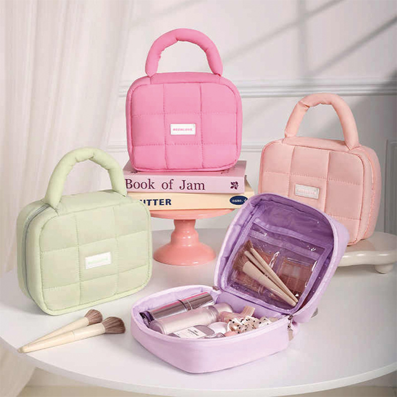 New puff square storage bag, macaron-colored soft hand-held makeup bag for girls, large-capacity waterproof toiletry bag full figure