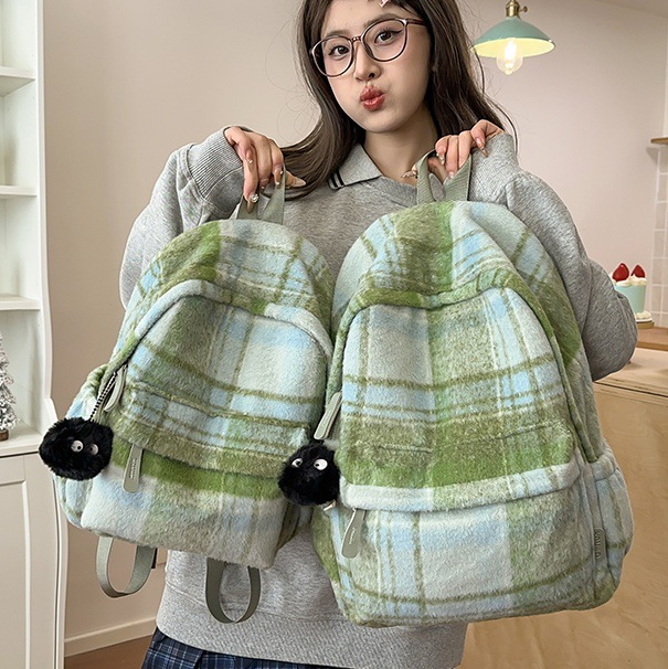 Korean version of ins school style woolen checkered schoolbag for girls 2024 winter new high appearance level backpack for students full figure