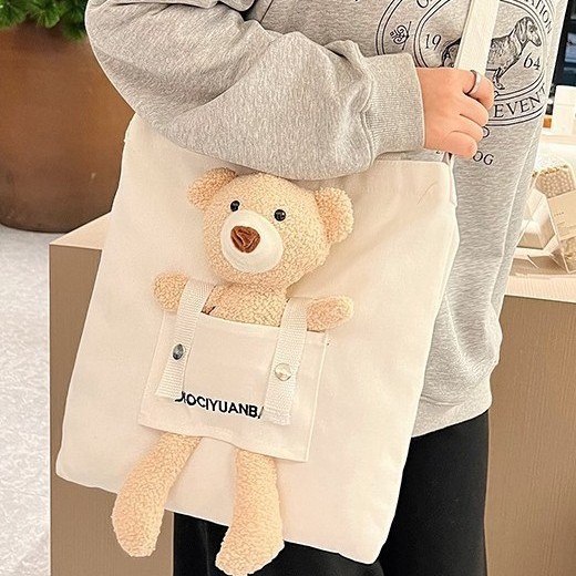 2024 New single-shoulder bag, teddy bear plush doll, fresh and sweet student canvas tutorial bag, versatile handbag Application Scenario