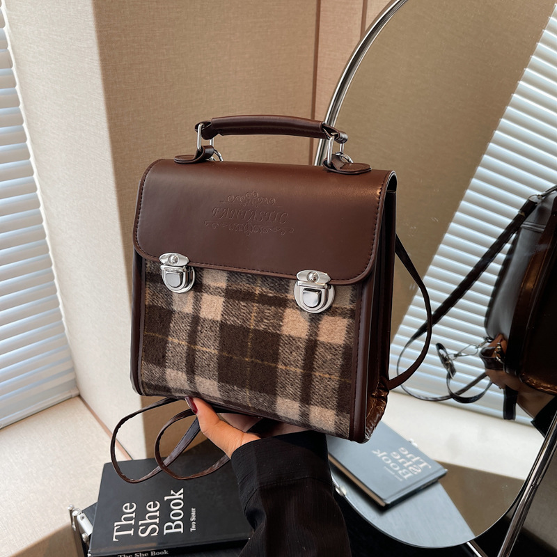 Fashionable checkered Korean style women's backpack 2024 new winter color-blocking and patchwork personalized square bag, crossbody bag, cross-border full figure