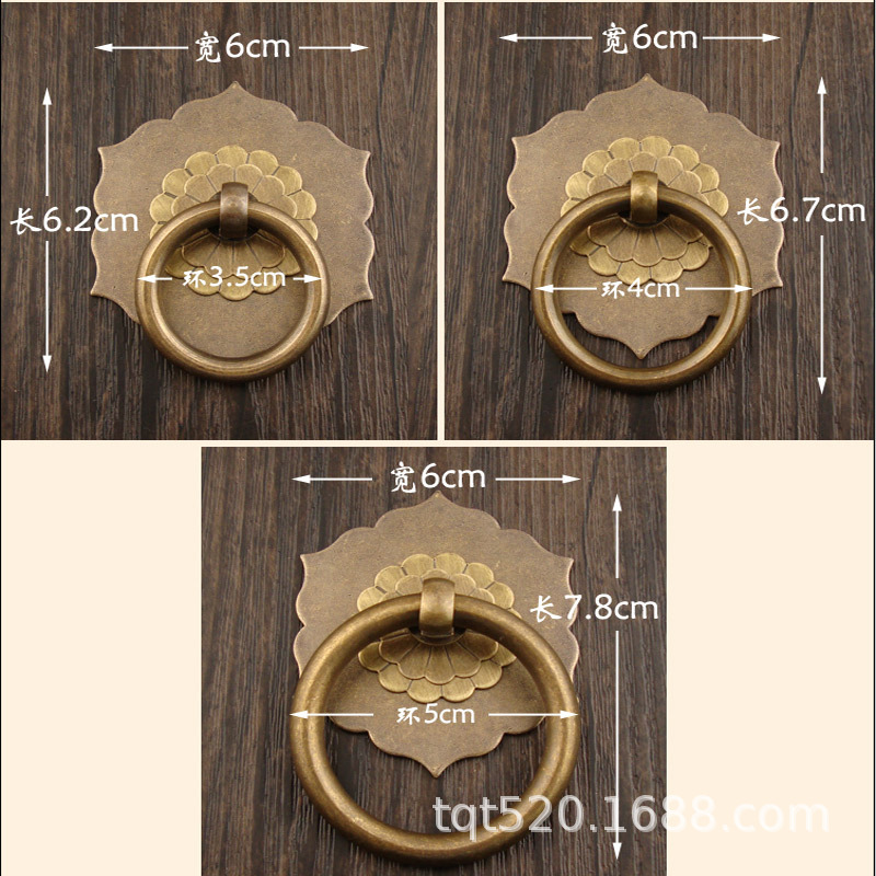 Hexagonal gasket ancient-style cabinet pure copper handle, retro cabinet door handle, new Chinese-style drawer hardware handle accessories Specification drawing