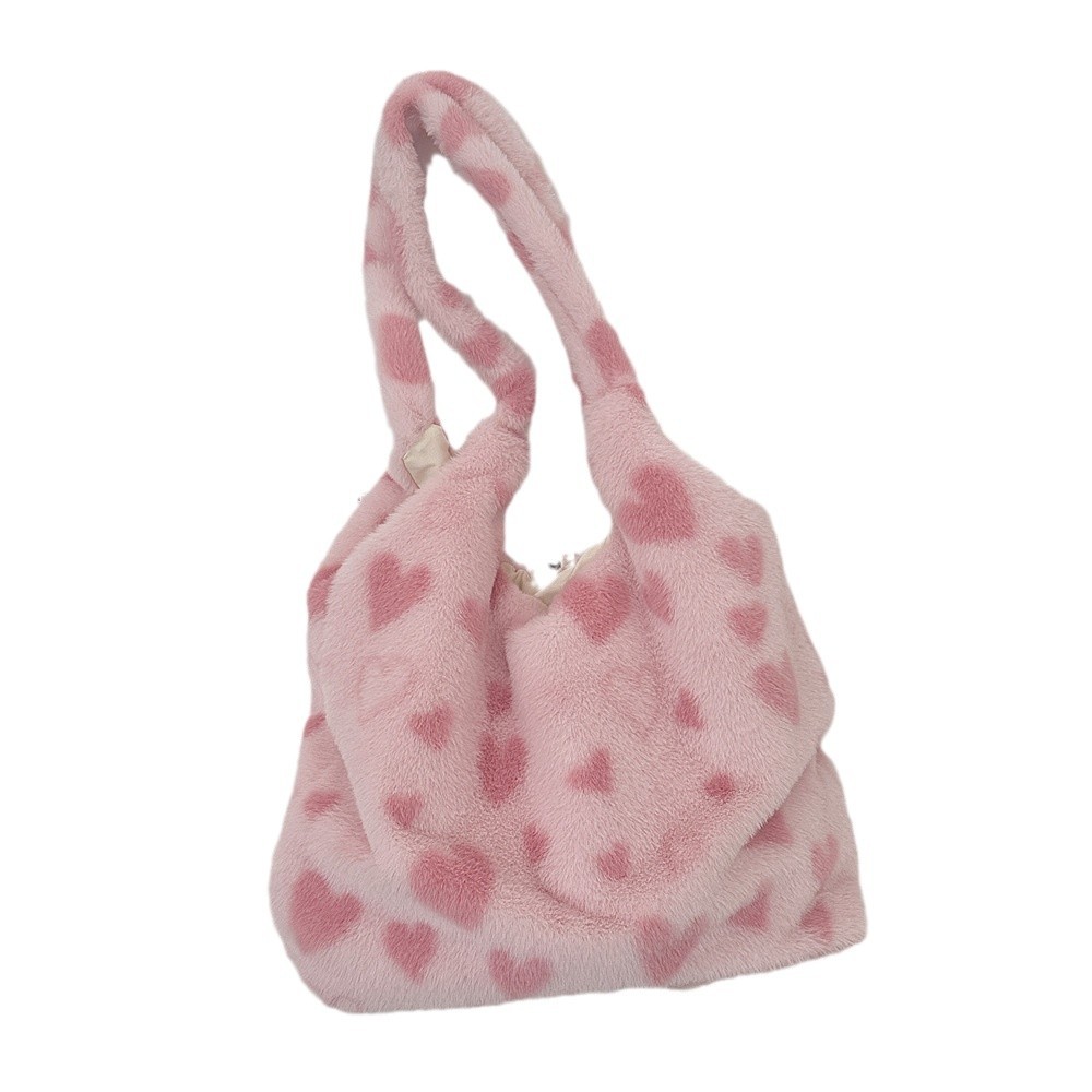 410261 Autumn and Winter New style love single-shoulder handbag, large capacity bucket bag, plush hand-carried underarm crossbody bag Item Picture
