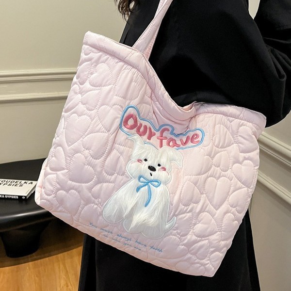 Casual and cute puppy cotton bag, large-capacity zipper tote bag, soft and glutinous quilted heart-shaped baby pink single-shoulder bag for girls details Picture