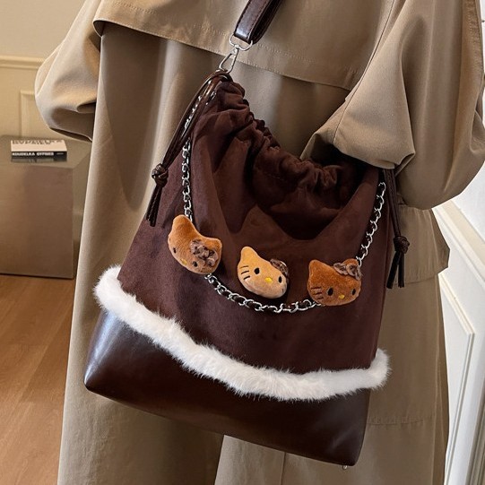 Multi-functional KT cat solid color crossbody bag, fabric bag, autumn and winter tote bag, Korean style versatile, Japanese style drawstring opening, niche backpack full figure