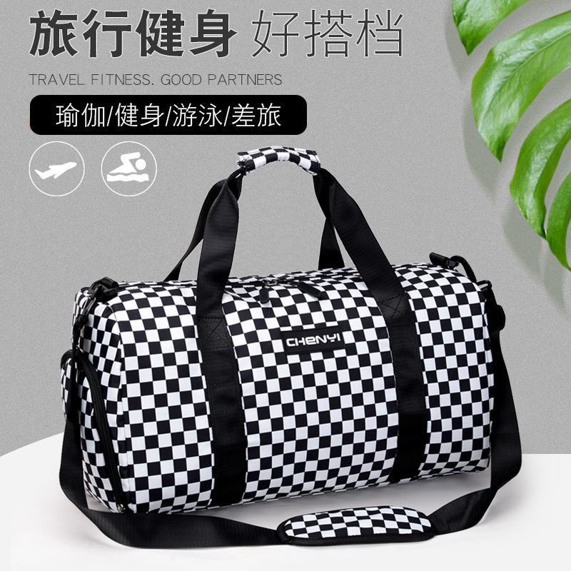 Checkerboard fitness yoga bag 2024 New style fitness bag, men's and women's sports travel bag, hand-held cylindrical sports bag full figure