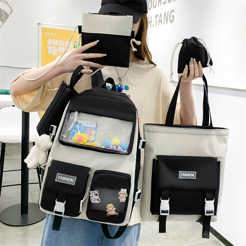 New large-capacity student schoolbag, Korean version Harajuku four-piece canvas backpack, a lightweight backpack for middle school students on campus details Picture