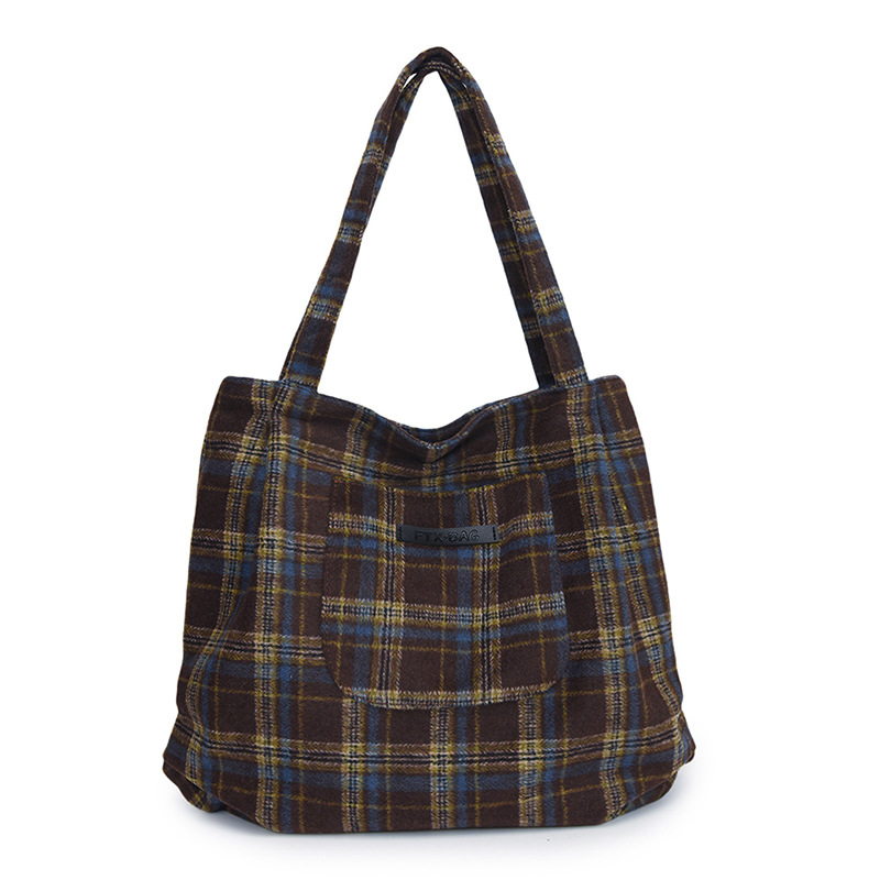 Autumn and winter woolen checkered large bag for women, 2024 new Korean-style tote bag, school-style casual large capacity single-shoulder bag Item Picture