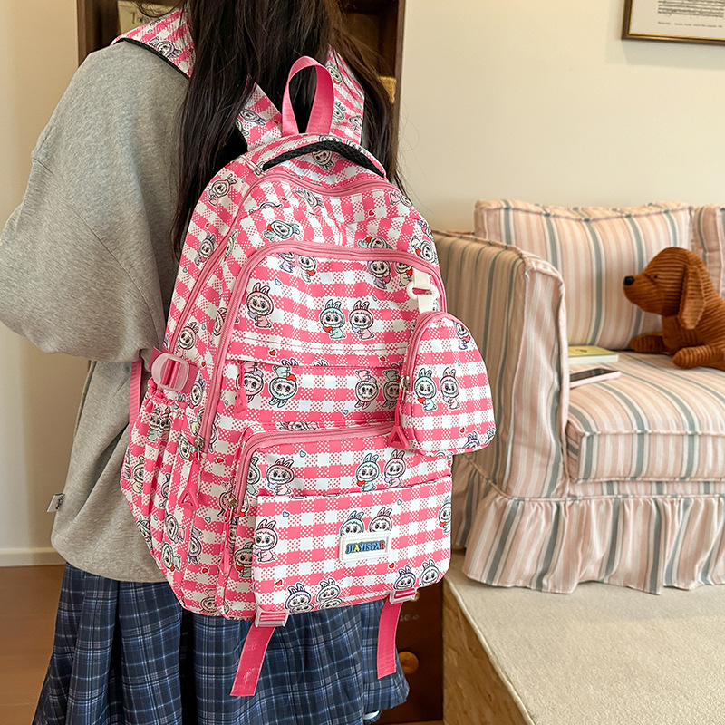 Large-capacity cute backpacks for the back-to-school season, featuring printed cartoon rabbit girls and checkered backpacks details Picture