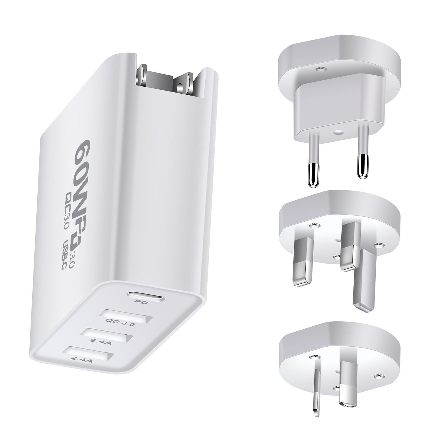 60W multi-port charger PD, 60W mobile phone charger QC3.0 charger, PD+QC3.0 dual fast charging adapter Specification drawing