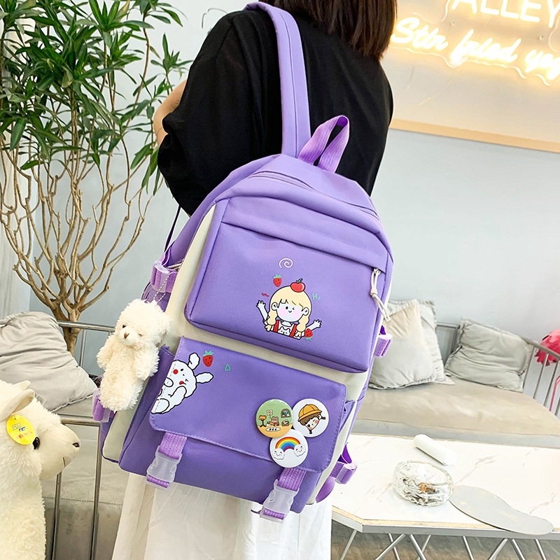 Wholesale of new four-piece schoolbags for junior and senior high schools, large-capacity Korean-style backpacks, casual and fashionable canvas girls' backpacks details Picture