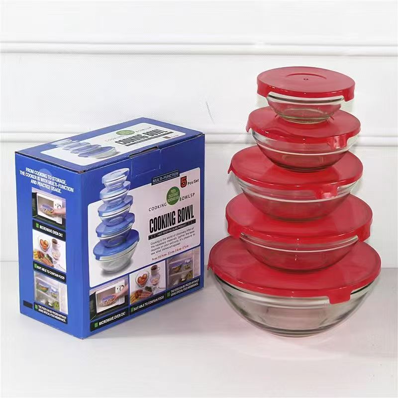 Five-piece set of glass food storage container, five-color lid glass bowl, five-piece set of color box lid food storage bowl Specification image