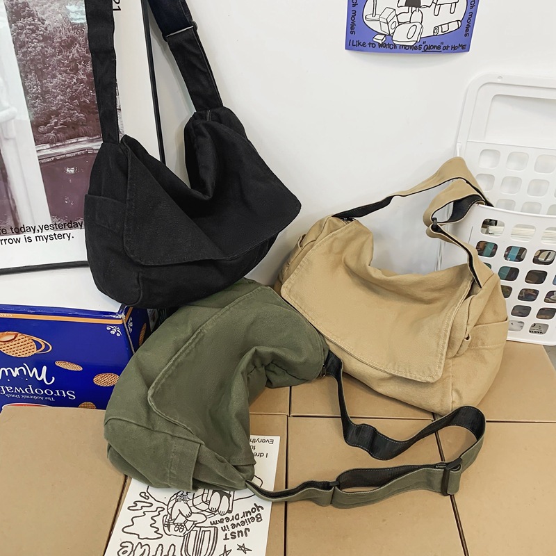 Washed canvas bag, women's laid-back style crossbody bag, women's artistic style college student class bag, casual single-shoulder postman bag Specification drawing