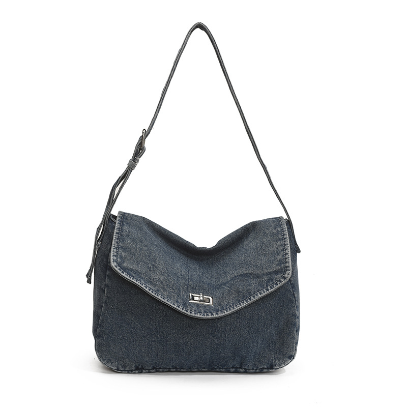 Japanese-style Hong Kong-style retro denim bag, flip-top postman's eye-catching light bag, female artistic student crossbody bag Item Picture